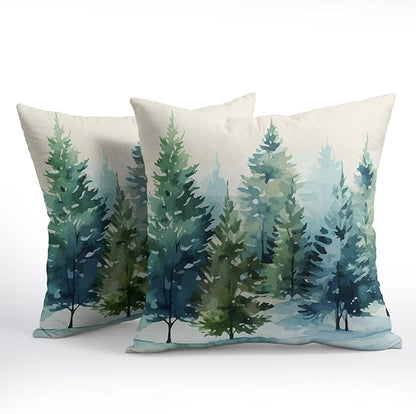 Watercolor Christmas Tree Pillow Covers 16x16 Set of 2 Blue Green Xmas Print Vintage Decorative Outdoor Throw Pillow Cases Rustic Winter Holiday Decoration Farmhouse Sofa Couch Cushion Cover Bed Decor