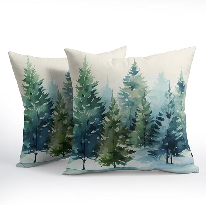Watercolor Christmas Tree Pillow Covers 18x18 Set of 2 Blue Green Xmas Print Vintage Decorative Outdoor Throw Pillow Cases Rustic Winter Holiday Decoration Farmhouse Sofa Couch Cushion Cover Bed Decor