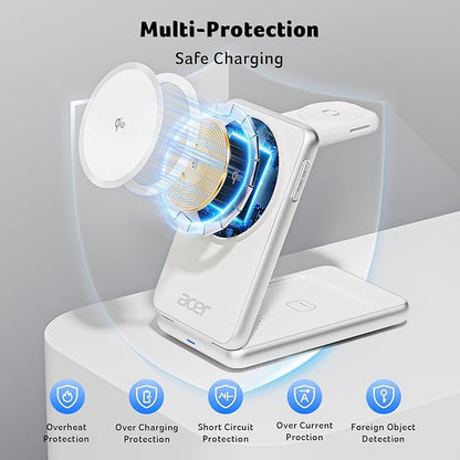 Acer 3 in 1 Charging Station for iPhone, Wireless Charger Stand,15W Fast MagSafe Charger for iPhone 17 16 15 14 13 12 Series-Apple Watch 10 9 8 7 6 5 4 3 2 SE and Ultra Series-Airpods 4 3 2 Pro Series
