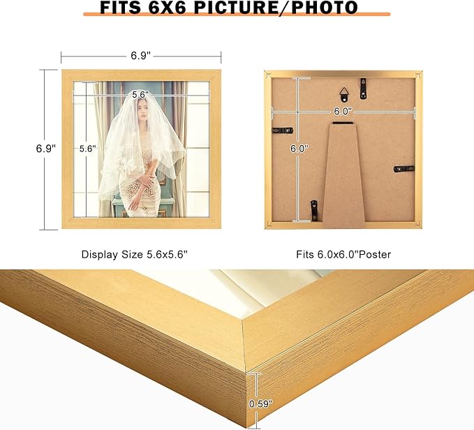 6x6 Picture Frame Gold, Rustic Natural 6x6in Photo/Portrait/Poster/Art Frame, Wall Hanging/Tabletop, Horizontal/Vertical Display Gallery Family Wedding Memorial Pic Frame Gift