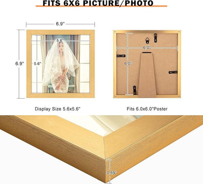6x6 Picture Frame Gold, Rustic Natural 6x6in Photo/Portrait/Poster/Art Frame, Wall Hanging/Tabletop, Horizontal/Vertical Display Gallery Family Wedding Memorial Pic Frame Gift