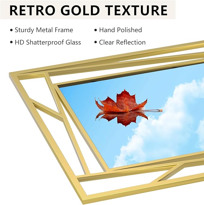 Brushed Gold Bathroom Mirror, 28''X20'' Rectangular Wall Mirrors with Geometric Metal Frame for Bathroom Bedroom Living Room, Hang Horizontally or Vertically