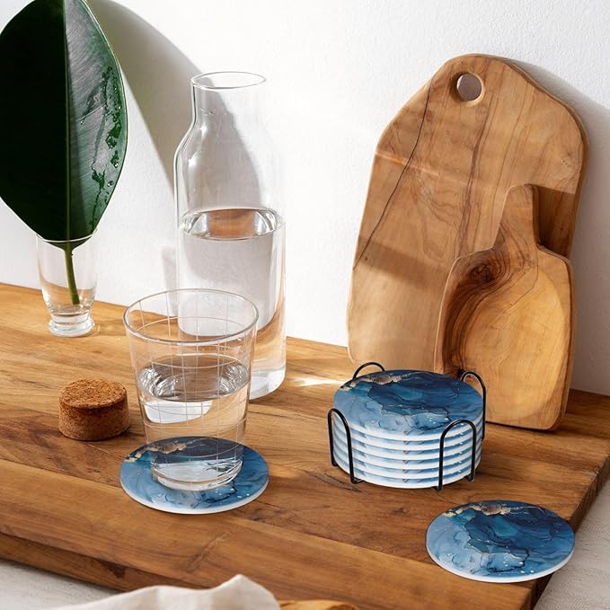 6 Pcs Ceramic Coasters with Holder Absorbent Drink Round Navy Blue Gold Marble Agate Style Design for Home Table Coffee Cup Wine Beer Bar,Size 4.4 inches