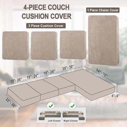 NAISI Sectional Couch Cover 4 Pieces Velvet Separate Couch Cushion Covers L Shape Soft Stretch Sofa Slipcovers with 2pcs Pillowcases for Left/Right Chaise Sectional Couch(3 Seater+1 Chaise,Taupe)