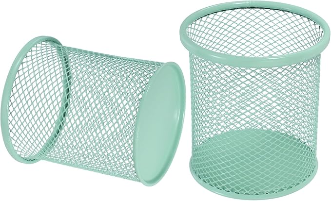 uxcell 2Pcs Mesh Pencil Holder, Metal Pen Cup Desk Organizer Makeup Brush Cup Holder for Home, Office, Classroom(Light Green)