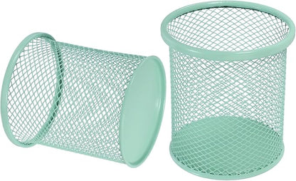 uxcell 2Pcs Mesh Pencil Holder, Metal Pen Cup Desk Organizer Makeup Brush Cup Holder for Home, Office, Classroom(Light Green)