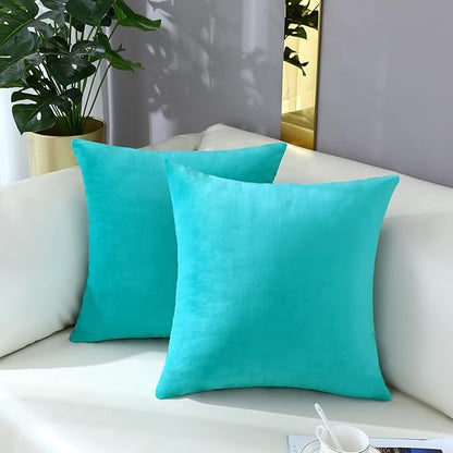 mixeoo Comfy Turquoise Throw Pillow Covers Decorative Square Solid Thick Velvet Super Soft Cushion Cases Home Decor for Sofa Couch, Set of 2, 18 x 18 Inch