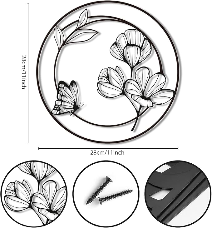 Pinetree Art 3 Pieces Metal Flowers Wall Decor, Modern Black Circle Floral Wall Art, Rustic Farmhouse Butterfly and Flower Wall Decor for Bathroom Kitchen Living Room Garden Office (black)
