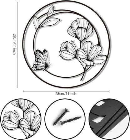 Pinetree Art 3 Pieces Metal Flowers Wall Decor, Modern Black Circle Floral Wall Art, Rustic Farmhouse Butterfly and Flower Wall Decor for Bathroom Kitchen Living Room Garden Office (black)
