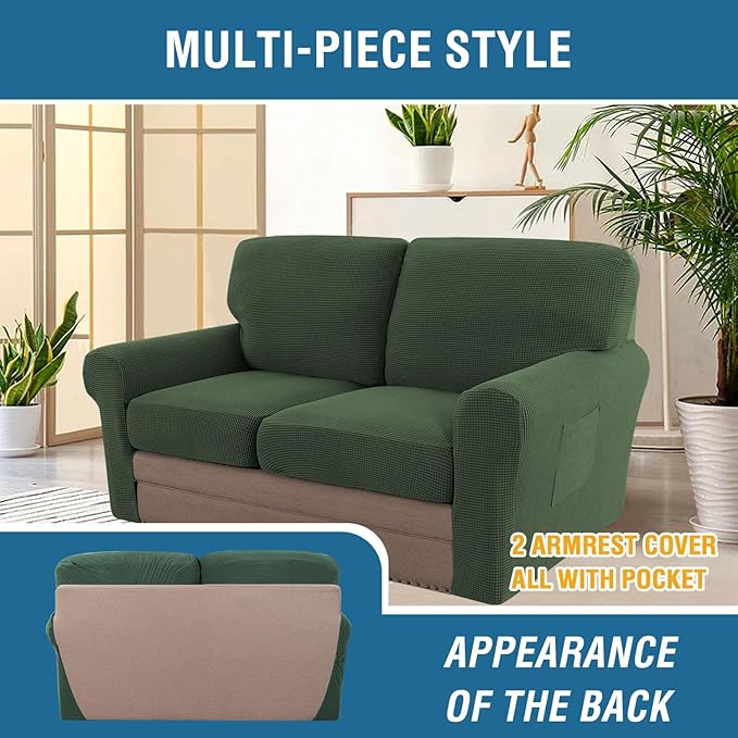 H.VERSAILTEX Multi-Pieces Sofa Covers Stretch Couch Covers Form Fitted Seats and Back Cushions Covers (2 Seat Covers Plus 2 Back Cusion Covers, Bonus 2 Armrest Covers), Bronze Green