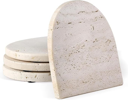 Koville Travertine Coaster Set of 4, Natural Marble Coasters for Drinks, 4" Stone Coasters Modern Arch Shape Heat Resistant, Decorative Marble Coaster for Table Home Decor(Beige)