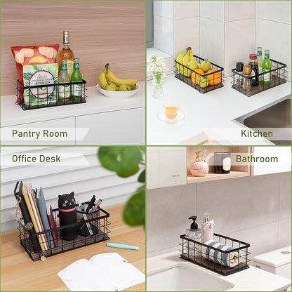 ROSE BLOOM Small Metal Wire Storage Basket, Decorative Wood Base Organizer Bins for Bathroom, Kitchen, Laundry Room, Pantry, Basket for Toilet Paper, Fruits, Spices (2 Pack)