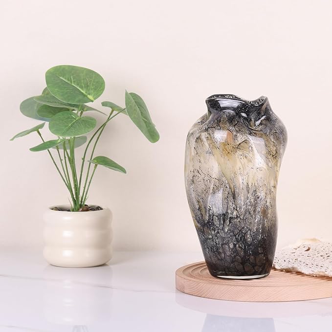 Abstract Art Hand Blown Glass Vase, Black Smoke Glass Vase for Flowers, Elegant Wide Mouth Glass Vase for Centerpieces, Vintage Glass Farmhouse Vase, Unique Modern Vase Decor for Home