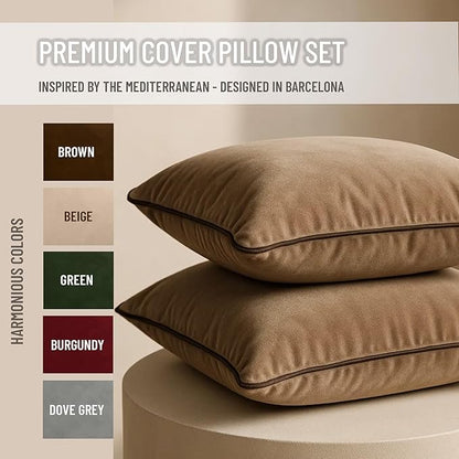 2 Pack Velvet Decorative Throw Pillow Covers, 20"x20", Camel and Brown, Solid, Modern, Contrast Piping, Indoor Use, Bedroom & Living Room