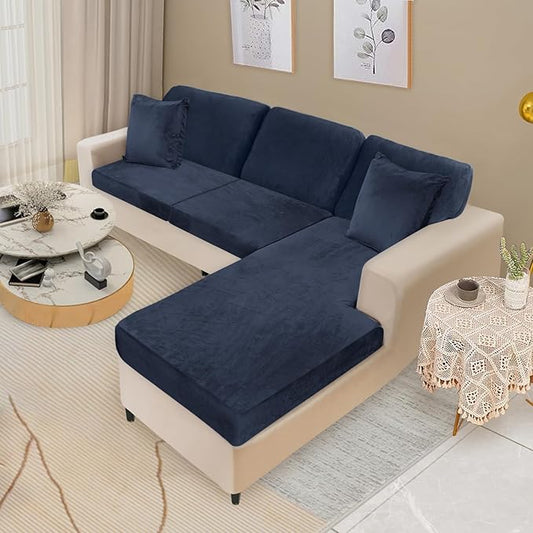 NAISI Sectional Couch Covers 6 Pieces Velvet Couch Cushion Covers L Shape Soft Stretch Sofa Slipcovers with 2pcs Pillowcases for Left/Right Chaise Sectional Couch(2 Seater+1 Chaise+3 Back,Navy)
