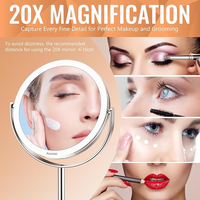 Auxmir 20X Magnifying Makeup Mirror, Double Sided 1X/20X Magnifying Mirror, Tabletop Magnified Vanity Mirror with Magnification, 360° Rotation, Stand for Dressing Table, Bathroom, Bedroom