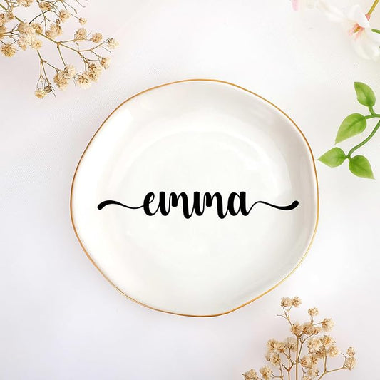 JoycuFF Emma Personalized Name Ceramic Jewelry Tray, Mothers Day Christmas Anniversary Engagement Birthday Gifts for Women Couples, Trinket Dish for Rings Earrings Necklaces Bracelets Keys
