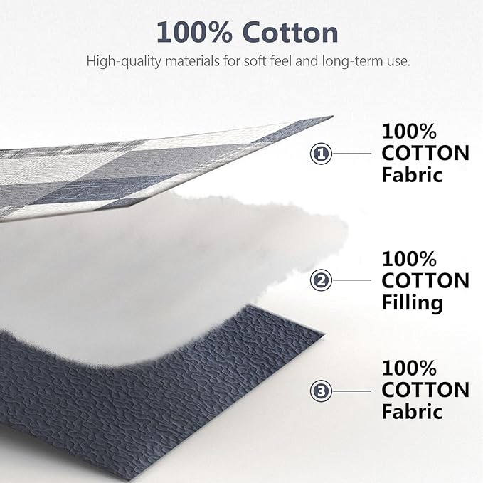 100% Cotton Quilts King Size, King Quilt Bedding Set Bedspread, Patchwork Plaid Quilt for King Bed, 3 Pieces Farmhouse Reversible Lightweight Comforter Bed Spread, Blue/Beige/White