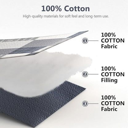 100% Cotton Quilts King Size, King Quilt Bedding Set Bedspread, Patchwork Plaid Quilt for King Bed, 3 Pieces Farmhouse Reversible Lightweight Comforter Bed Spread, Blue/Beige/White