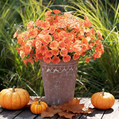 Orange Artificial Morning Glory Fall Faux Flowers for Outdoor Decoration, 12 Bundles Realistic Silk Flowers with Eucalyptus for Autumn Home Decor Patio Porch Garden Planter Window Box Yard