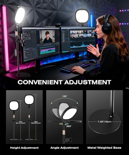PQRQP 2 Packs Ring Light with Stand, Adjustable Desktop Lamp with Phone Mount, CRI 97+ Studio-Grade Video Conference Light for Video Calls, Home Office, TikTok Live & Vlog Filming (Nocturnal Black)