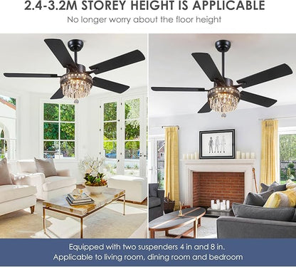 Asyko Crystal Ceiling Fan Fandelier with Lights - 46" Outdoor Fans with Remote Control，Crystal Ceiling Fans Noiseless DC Motor, Retro/Farmhouse Lighting, Dining Room,Living Room