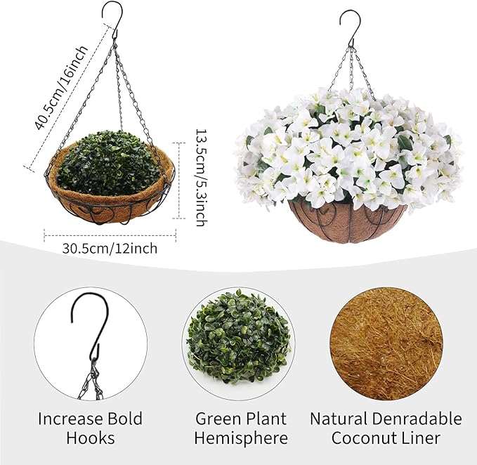 Hanging Planters with Plant Hangers for Indoor Outdoor Decor 2 Pack Artificial White Bougainvillea 30CM Half-Round Coconut Fiber Wall-Mounted Hanging Baskets with Sturdy Iron Chain and Frame