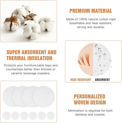 Woven Cotton Rope Round Placemats Set of 4 with Holder Included,13" Placemats&4.3" Coasters,White Round Table Mats -Natural Heat Resistant Place mats for Dinner Plates Table Decor