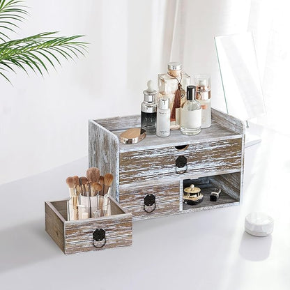 Wood Desk Organizer with Drawer, Washed Brown Wooden Desktop Organizer, Tabletop Storage Organization Box for Countertop, Home Office Supplies (3 Drawer and Shelf)