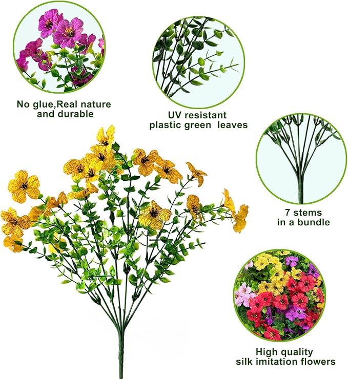12 Bundles Artificial Flowers for Outdoor,UV Resistant Fake Flowers,Faux Plants for Outside Hanging Planters,Artificial Plants for Indoor Porch Garden Home Wedding Decor(Yellow,Fuchsia,Purple)