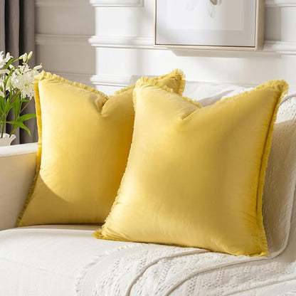 FUTEI Lemon Yellow Velvet Decorative Throw Pillow Covers 16x16 Set of 2,Soft Cozy Edge with Tassels Cushion Case,Boho Modern Home Decor for Couch Bed Living Room