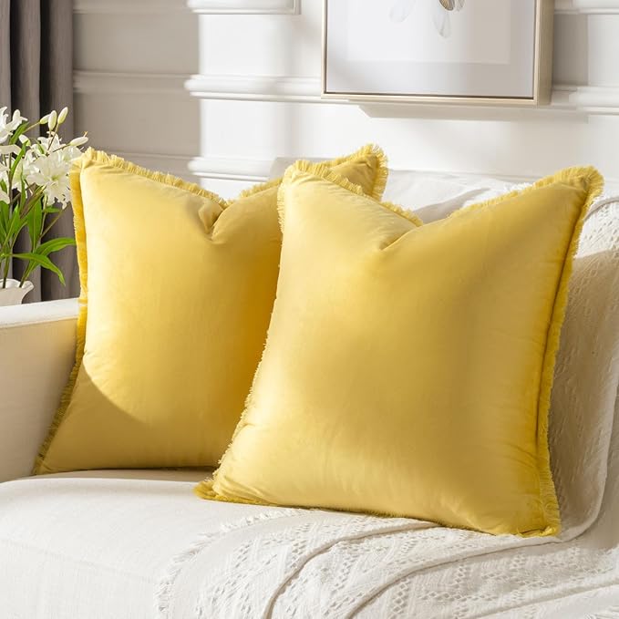FUTEI Lemon Yellow Velvet Decorative Throw Pillow Covers 18x18 Set of 2,Soft Cozy Edge with Tassels Cushion Case,Boho Modern Home Decor for Couch Bed Living Room