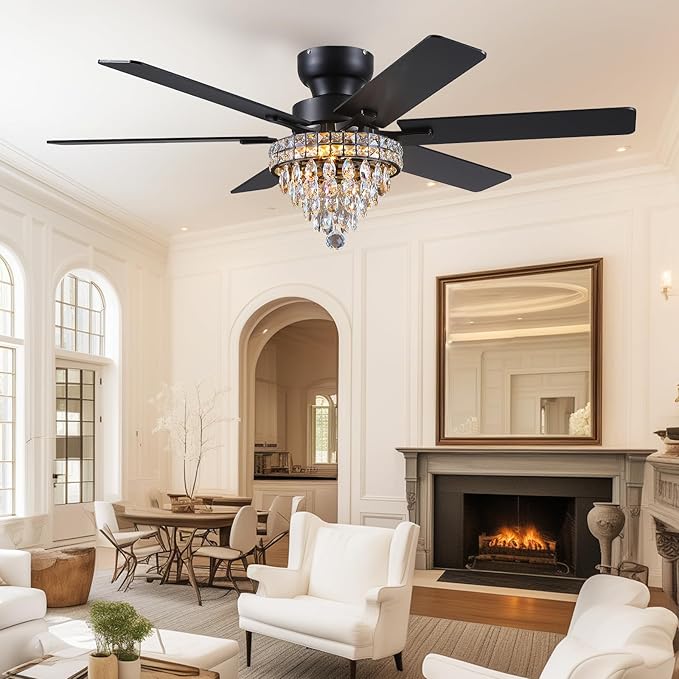 Asyko Chandelier Ceiling Fan -52" Crystal Ceiling Fan- Fandelier Fan Light Black with Remote, Silent Reversible Motor, Dual-Sided 6 Blades, 3 Speed, Timer, Indoor Fan Ceiling