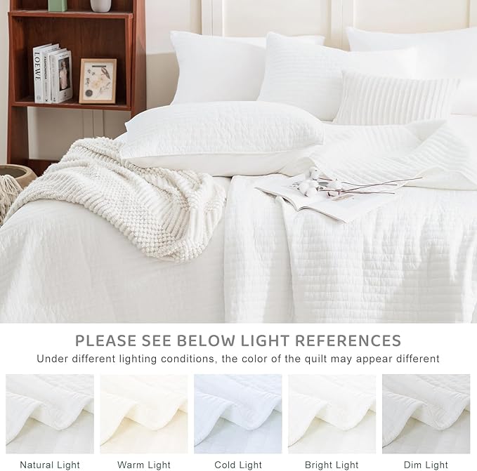 Sanracie Stonewashed Cotton Quilt Set King Size(110"x98"), Milk White Quilt Coverlet Bedding Set Cross Stitch Pattern 3Pcs Lightweight Crinkle Quilted Bedspread Set for All Season