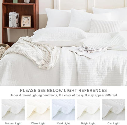 Sanracie Stonewashed Oversized King Bedspread(118"x106"), Cotton Milk White California King Quilt Coverlet Cross Stitch Ultra Soft Lightweight 3Pcs Crinkle Bed Coverlet Set for All Season