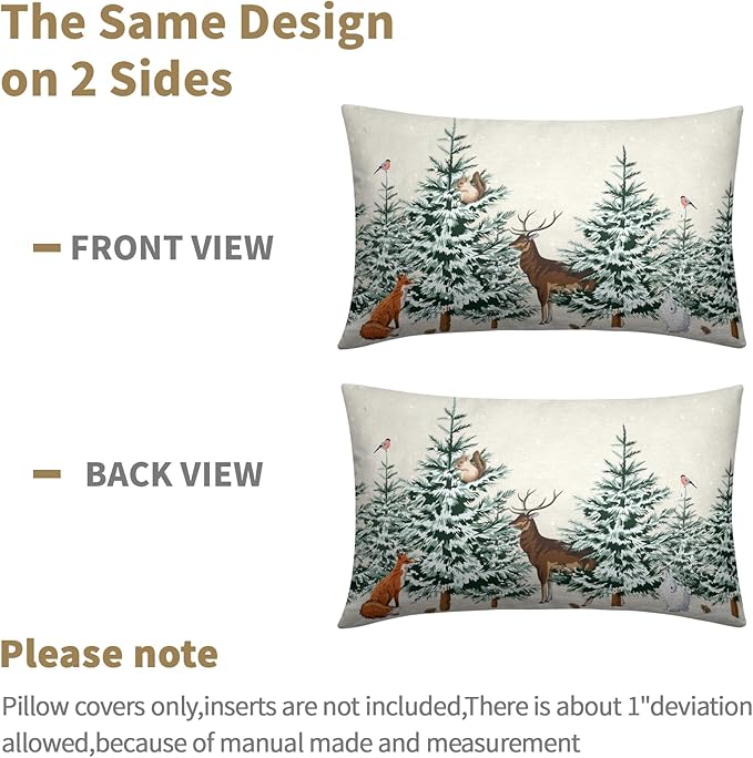 Christmas Tree Lumbar Pillow Covers 12x20 Set of 2 Deer Animal Print Decorative Outdoor Dark Green Xmas Throw Pillow Cases Rustic Winter Holiday Decoration Farmhouse Sofa Couch Cushion Cover Bed Decor