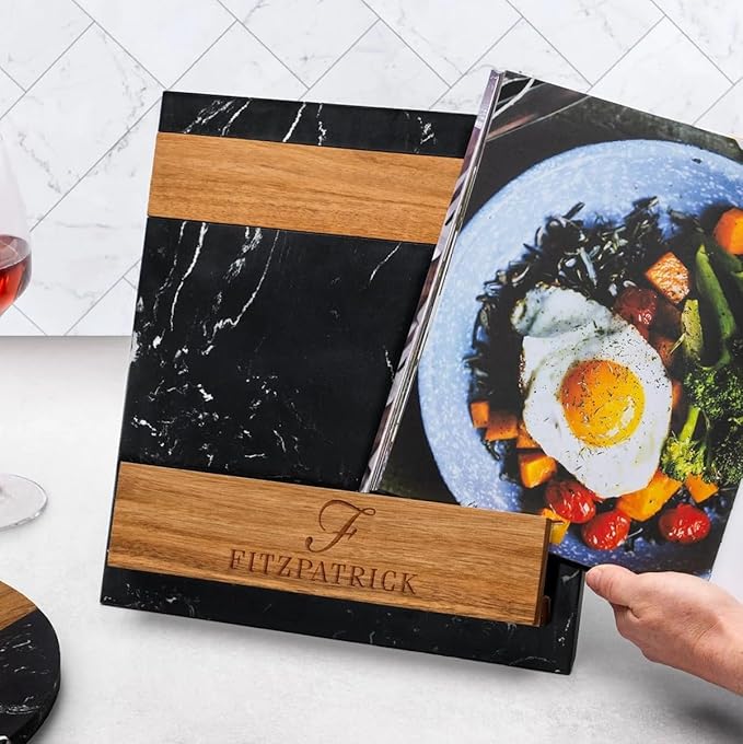 Personalized Cookbook Stand – Custom Engraved Acacia Wood & Black Marble Recipe Book Holder with Weighted Base – Rustic Design, Tablet & Cookbook Stand for Kitchen Counter, 12 × 11 × 7.5 