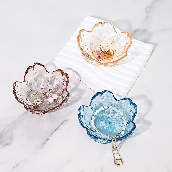 Koythin 2-Piece Glass Jewelry Tray, Mini Ring Dish for Necklace Earring Bracelet, Cute Trinket Tray for Engagement Vanity Bathroom, Crystal Floral Aesthetic Room Decor for Women Girl Mom (Light Pink)