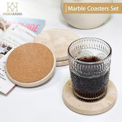 Real Natural Travertine Coasters Set of 4, Round Beige Marble Stone 4 inch, Modern Drink Coasters for Home Decor, Coffee Table, Office