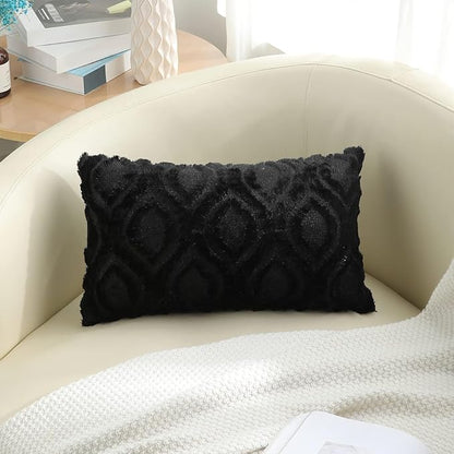 decorUhome Spring Throw Pillow Covers 12x20 Inch Set of 2, Soft Plush Faux Wool Black Solid Couch Pillow Covers, Accent Farmhouse Neutral Square Pillow Cases for Sofa Bed Living Room