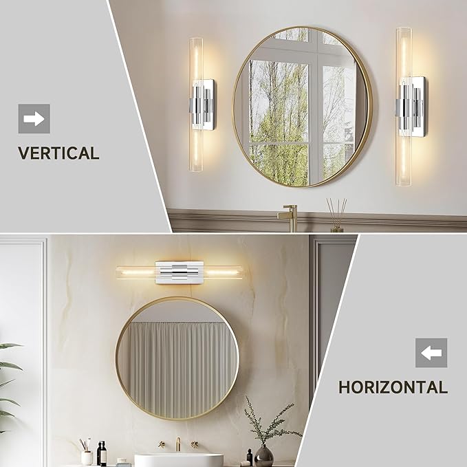 Wall Sconces Set of 2, 22.8" Chrome Bathroom Sconces, Indoor Sconces Lighting with Glass, Nickel Vanity Lights with Tube, Dimmable Bedroom Bedside Wall Light for Dressing Table Staircase