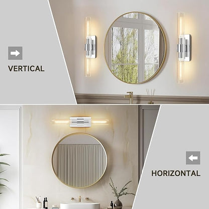 Chrome Wall Sconces, 22.8" Bathroom Sconces, Indoor Sconces Wall Lighting Up and Down, Nickel Wall Sconce Dimmable, Vanity Lights Fixtures with Tube, Glass Sconce for Bedroom, Staircase