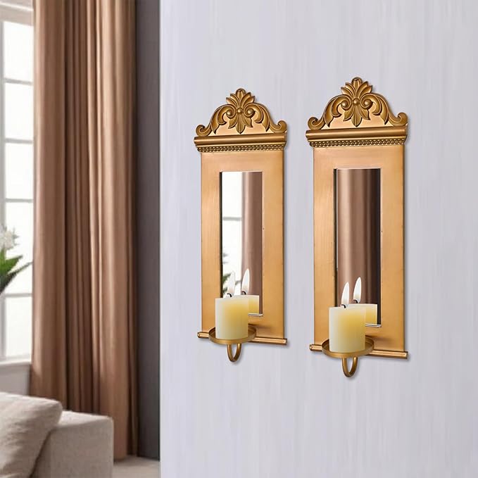 SwallowLiving Candle Sconces Wall Decor Set of 2, Large Antique Gold Wall Candle Holder, 20.5" Tall Hanging Mirrored Decoration for Living Room, Bedroom, Kitchen, Dining Room, Farmhouse Home Decor