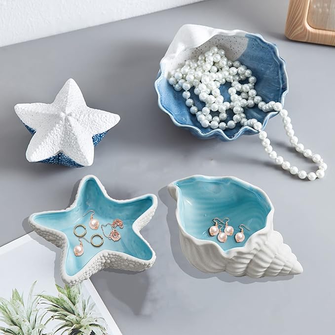 Ceramic Conch Jewelry Dish Tray Shell Trinket Dish Ring Holder Ocean Coastal Decor Jewelry Tray Decorative Tray Key Bowl for Jewelry Birthday Party Easter Gift Hom Room Beachy Decor (E STYLE)