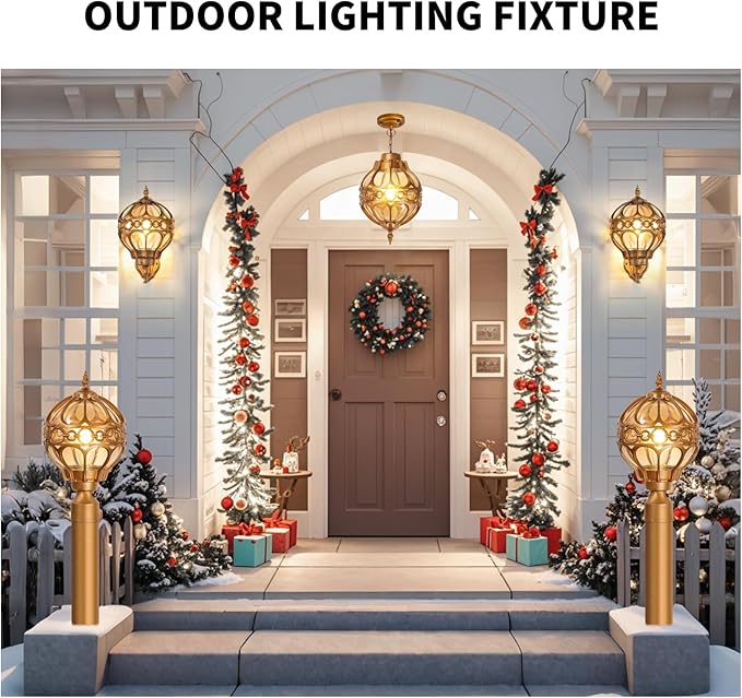 Dusk to Dawn Outdoor Wall Light Fixtures, Gold Exterior Aluminum Waterproof Porch Lights, Globe Anti-Rust Outside Sconce Lantern Wall Mount with Amber Glass for Patio Backyard Garage Doorway, 2 Pack