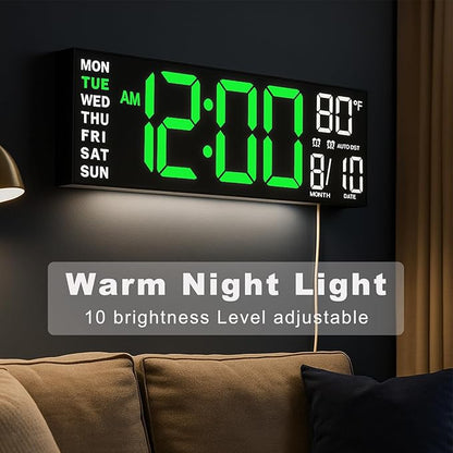 TrophyRak 16" Large Digital Wall Mount Clock, Count Down Timer, Alarm, Big LED, RGB Color, DST, Temperature for Living Room Classroom Desk, Wall, Xmas, Birthday Gift for Senior Mom Dad, Green White