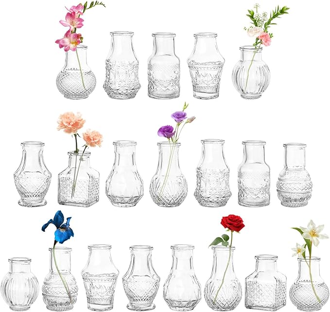 20 Pcs Glass Bud Vases Set, Mini Vintage Bulk Clear Vases for Centerpieces Decor, Cute Tiny Glass Flower Vases for Wedding Party Home Table Decoration