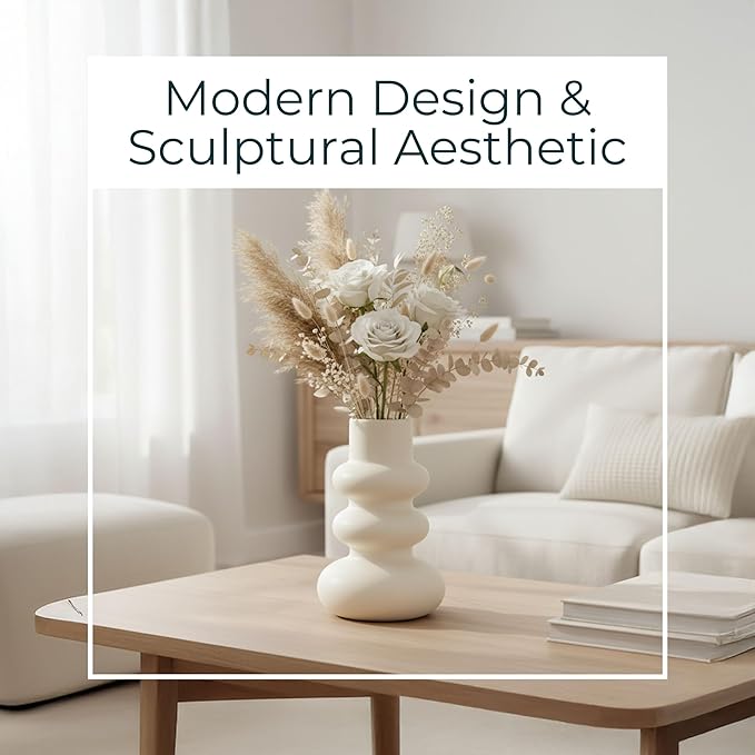 Sagebrook Home Stoneware Decorative Vase - Modern Sculptural Dolomite Flower Holder for Home & Office - 10" Ivory