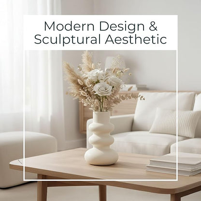 Sagebrook Home Stoneware Decorative Vase - Modern Sculptural Dolomite Flower Holder for Home & Office - 10" Ivory