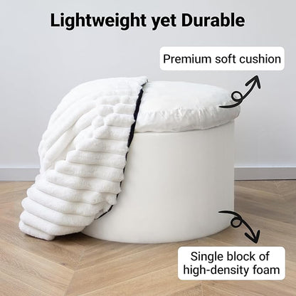 Luxury Round Stuffed Floor Poufs Ottoman, Stripe Faux Fur Footrest with Dual Layer Comfort, Removable Washable Cover, 20"x15" Plush Pouf Shaggy Stool for Living Room Bedroom Vanity, Beige